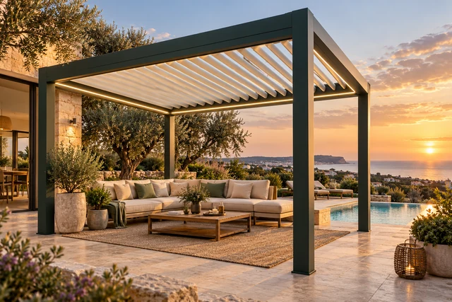 Pergola bioclimatica con lamelle orientabili, illuminazione lineare e salotto da esterno